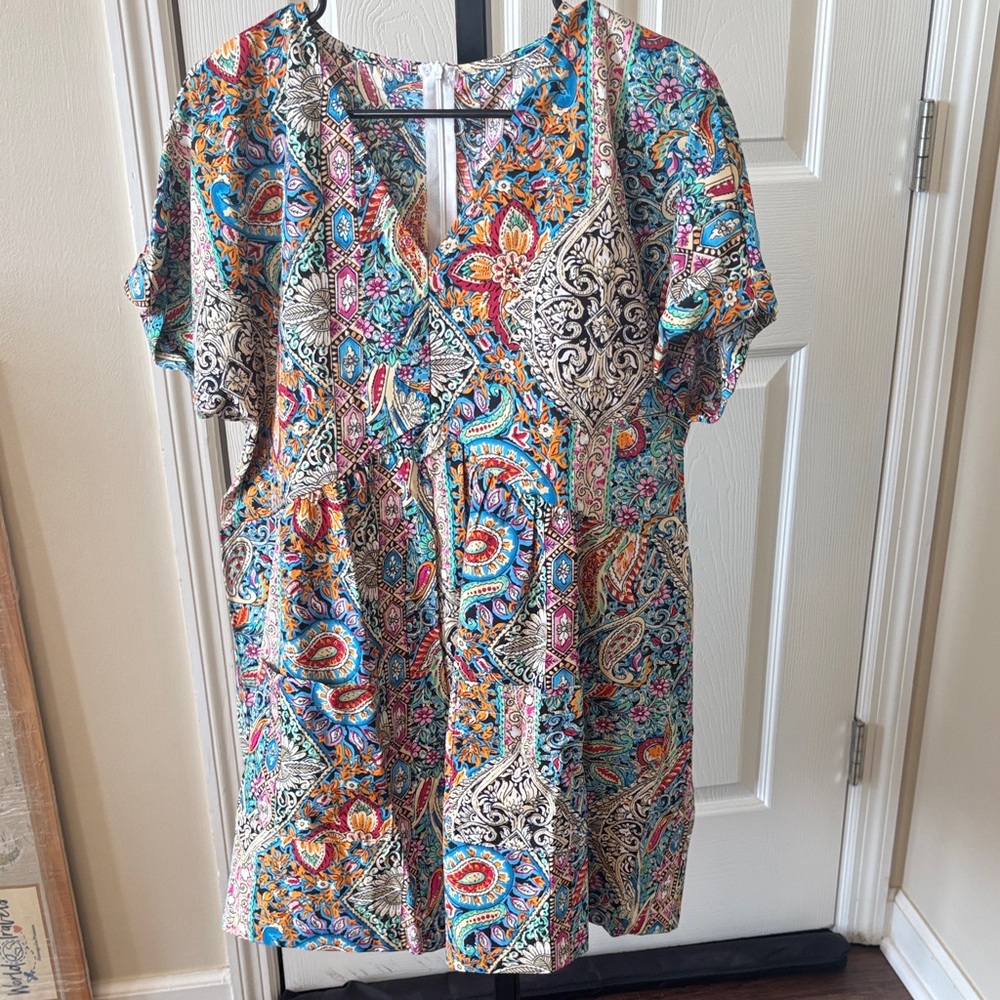 Short Sleeve Paisley Romper Jumpsuit - Turquoise Multicolor